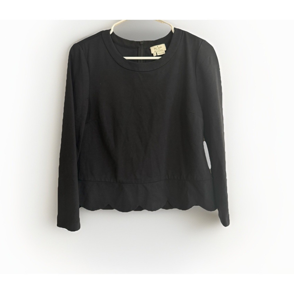 Kate Spade Women's Black  Boxy Scallop Trim Long  Sleeve Top Sz 6 Career Office